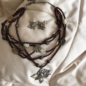 Pewter flower bead necklace & matching earrings